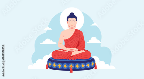 A peaceful illustration of Buddha meditating in a serene pose, seated on an ornate cushion with a halo against a calm sky.