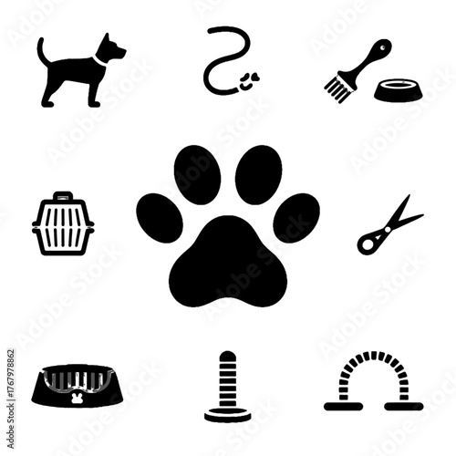 Collection of pet care icons including dog, paw print, grooming tools, and pet accessories