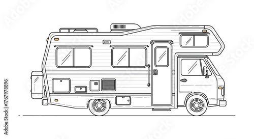A detailed line art illustration of a vintage recreational vehicle, showcasing its classic design and features, perfect for travel and adventure themes.