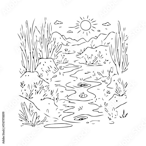 Whimsical hand drawn landscape illustration with flowing river mountains sun and clouds perfect