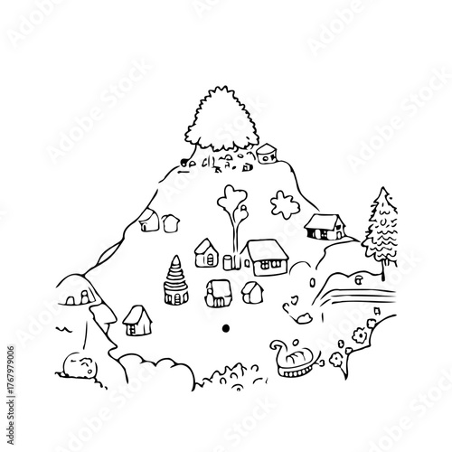 Whimsical hilltop village scene with cozy houses and lush foliage outlined in detailed