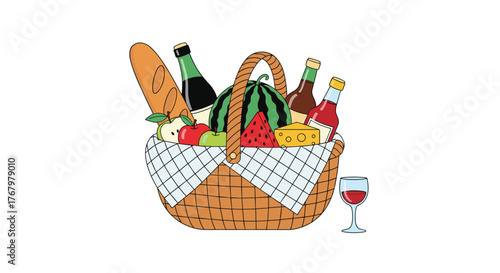 A vibrant illustration of a classic picnic basket filled with fresh produce, artisan bread, cheese, and bottled beverages, along with a glass of red wine.