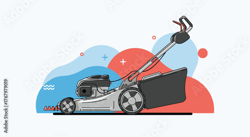A neatly illustrated gas lawnmower with a grass collection bag, set against a vibrant, abstract background of blue and red forms.