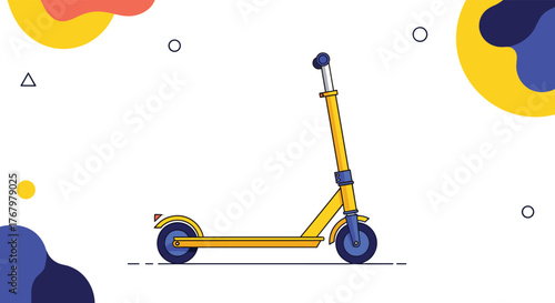 A bright yellow kick scooter with blue accents is centered on a clean white background, accompanied by colorful abstract shapes and subtle geometric elements.
