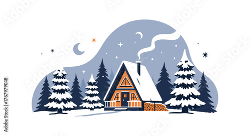 Cozy A-frame cabin in a peaceful snowy winter forest at night, with smoke from the chimney and a starry, moonlit sky.