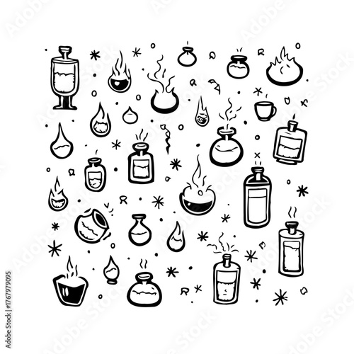 Whimsical illustration featuring collection of alchemical flasks with mystical concoctions with