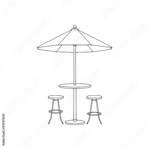 Architectural Blueprint Style

A blueprint-style black-and-white drawing of a café patio. Technical line art showing a round table, umbrella, and two bar stools in precise symmetry. Minimalist and mod