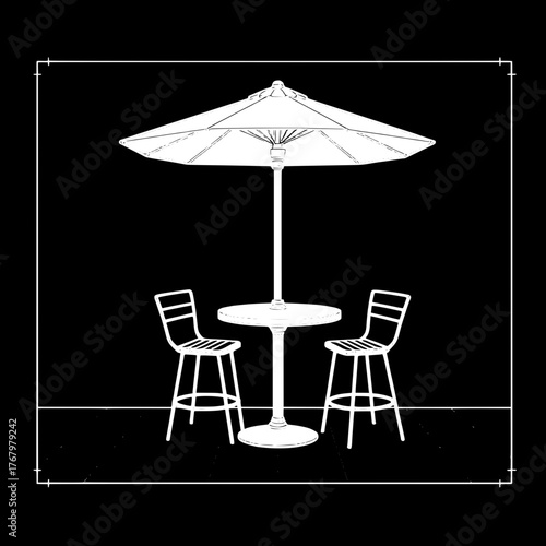 Architectural Blueprint Style

A blueprint-style black-and-white drawing of a café patio. Technical line art showing a round table, umbrella, and two bar stools in precise symmetry. Minimalist and mod