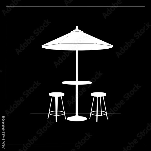 Architectural Blueprint Style

A blueprint-style black-and-white drawing of a café patio. Technical line art showing a round table, umbrella, and two bar stools in precise symmetry. Minimalist and mod