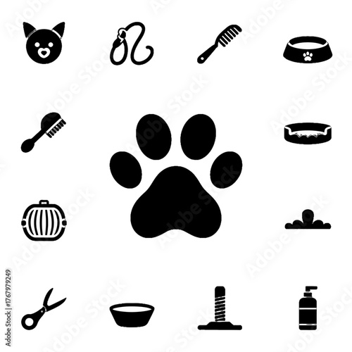 Set of pet care icons including paw print, grooming tools, feeding bowls, and accessories