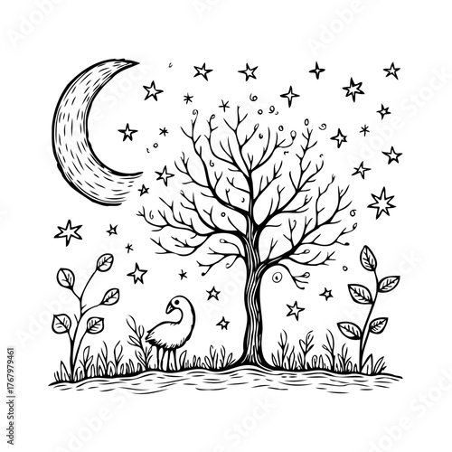 Whimsical night illustration featuring crescent moon, bare tree, bird, stars creating a storybook