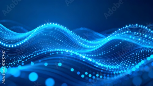 Abstract blue wave pattern with glowing dots and flowing lines on a dark background