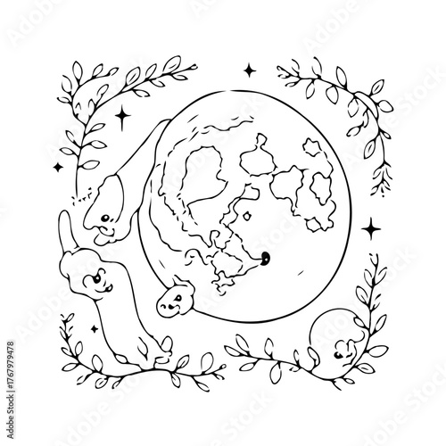 Whimsical nocturnal animal sketch embracing celestial body framed by nature's gentle embrace of