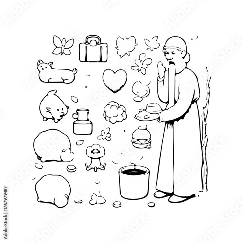 Whimsical outline illustration showcasing a character surrounded by an eclectic mix of objects and