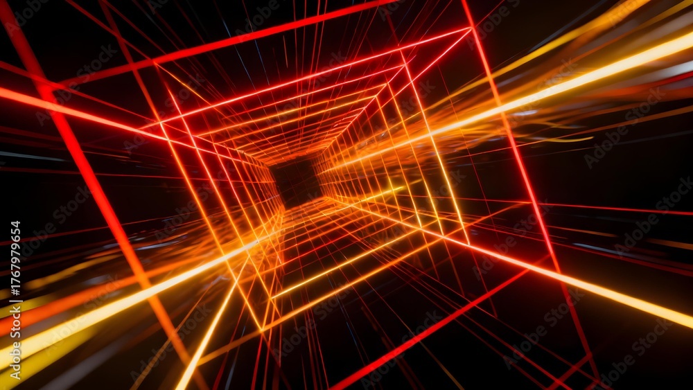 Fototapeta premium Neon grid tunnel with red and orange light lines creating a futuristic perspective effect