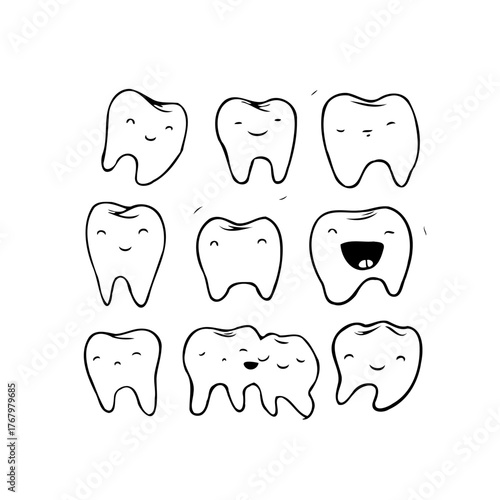 Whimsical tooth characters smile with expressions, illustrating dental care and hygiene, fostering