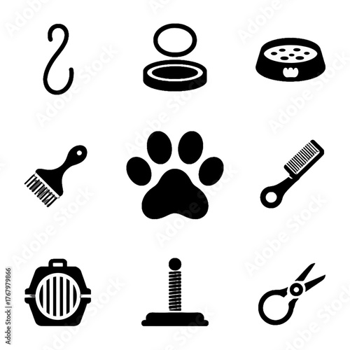 Set of pet care icons including grooming tools, feeding bowl, paw print, carrier, and nail clippers