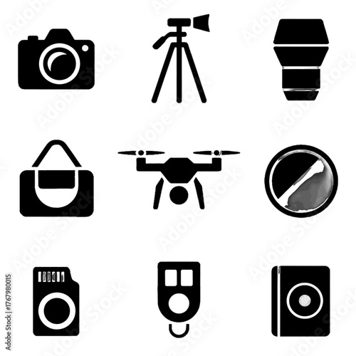 Set of black and white icons representing photography and videography equipment including camera, tripod, lens, drone, memory card, and accessories.