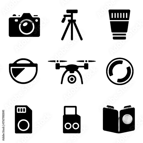 Collection of black and white icons representing photography and videography equipment including camera, tripod, lens, drone, memory card, and book.