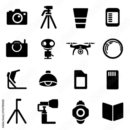 Collection of black silhouette icons representing photography and videography equipment and related tools