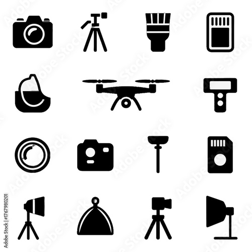 Collection of photography and videography equipment icons including cameras, tripods, drones, lighting, and memory cards