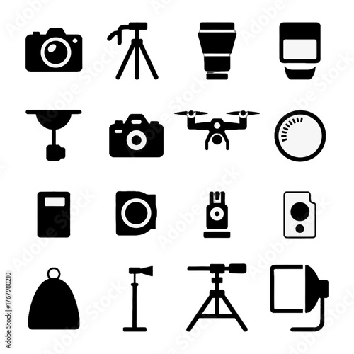 Collection of photography and videography equipment icons including cameras, tripods, drones, lenses, and lighting accessories.