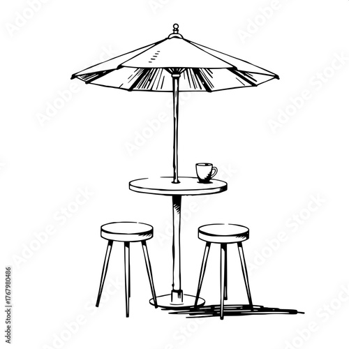 Surreal Minimalism

A surreal, minimalist black-and-white illustration of a floating café table with umbrella and two stools suspended in a white void. Crisp symmetry and graphic precision. Drinks and