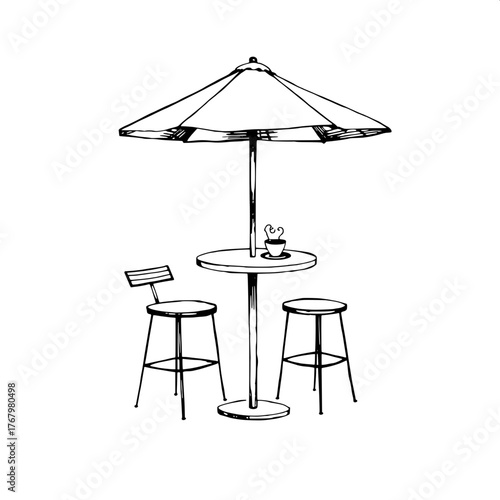 Architectural Blueprint Style

A blueprint-style black-and-white drawing of a café patio. Technical line art showing a round table, umbrella, and two bar stools in precise symmetry. Minimalist and mod