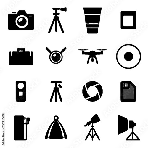 Collection of black silhouette icons representing photography and videography equipment including cameras, tripods, drones, lenses, and lighting devices.