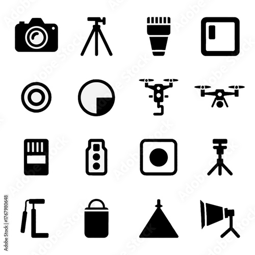 Set of photography and videography equipment icons including camera, tripod, drone, lens, memory card, and lighting tools