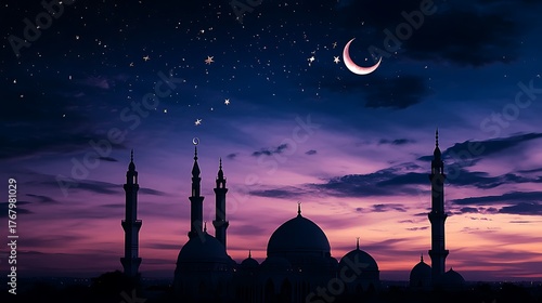 Ramadan crescent moon, stars, and mosque silhouettes on a vibrant, colorful night sky