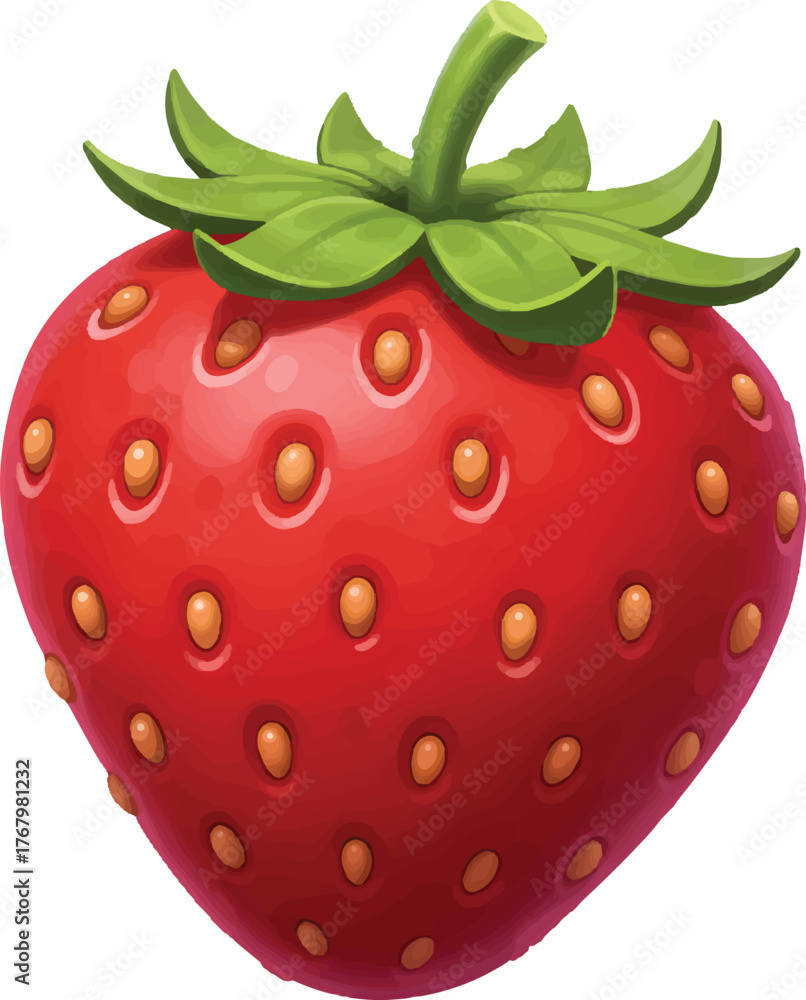 Obraz premium Vector Illustration Juicy Red Strawberry with Green Leaves on a Dark Background