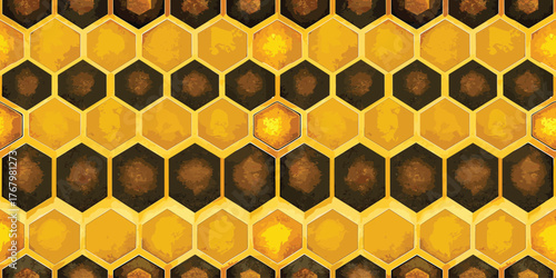 A vibrant honeycomb pattern featuring rich shades of yellow and deep brown tones.