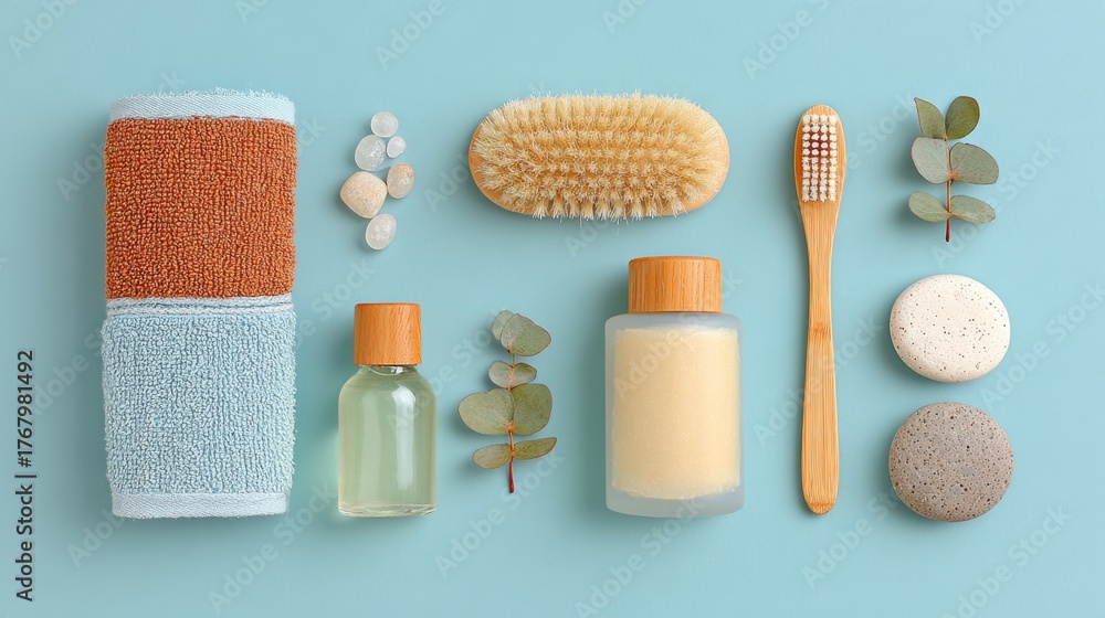 Obraz premium Child's Body Care Essentials, a top view of child-friendly cosmetics arranged on a minimalist surface, emphasizing cleanliness and simplicity in personal care for children.
