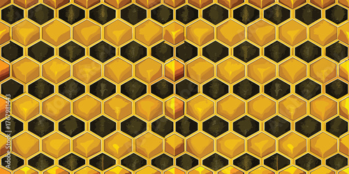A vibrant pattern of golden honeycomb hexagons against a dark background.
