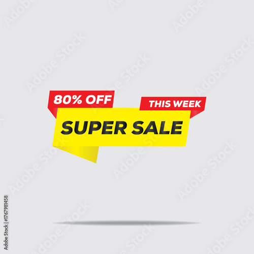 80% Super Sale Tag in Yellow, Black and Red with Realistic 3D Discount Label