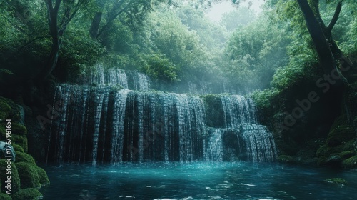 Lush waterfall in a misty forest