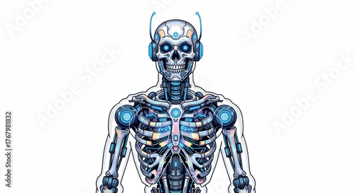 Futuristic Cyborg Skeleton: High-Tech Robotic Anatomy Illustration on White