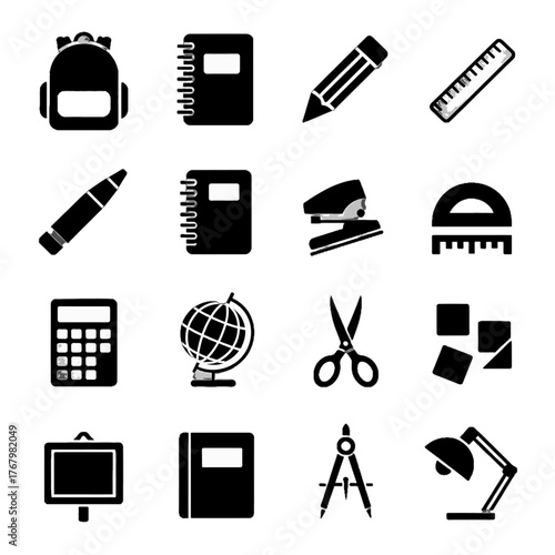 Set of black silhouette icons representing school and office supplies including backpack, notebook, pencil, ruler, calculator, globe, scissors, and desk lamp.