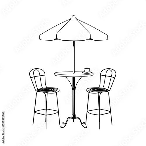 Parisian Café Minimalism

A stylized, high-contrast black-and-white illustration of a small Parisian café terrace. A round metal table with a single umbrella stands in the center, two slender bar stoo