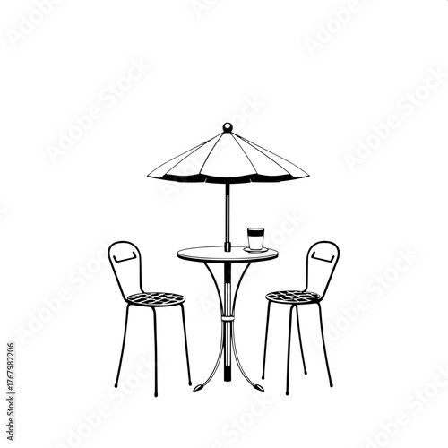 Parisian Café Minimalism

A stylized, high-contrast black-and-white illustration of a small Parisian café terrace. A round metal table with a single umbrella stands in the center, two slender bar stoo