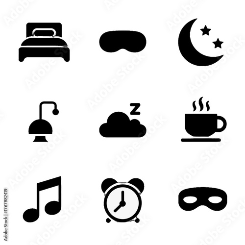 Collection of sleep and relaxation-related icons including bed, eye mask, moon, lamp, cloud with Z, coffee cup, music note, alarm clock, and masquerade mask
