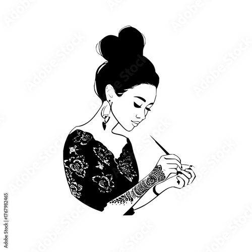 Henna artist applying intricate mehndi designs on arm black and white illustration for tattoo inspiration