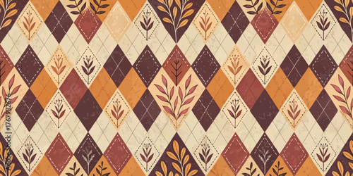 A vibrant autumn-themed pattern featuring rich orange, burgundy, and cream diamond shapes with floral accents.