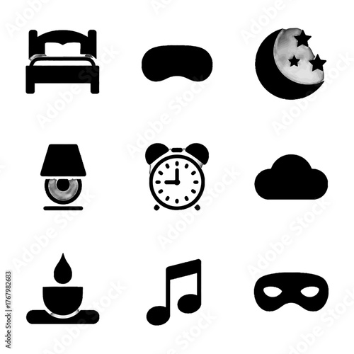 Set of black silhouette icons representing sleep, relaxation, and nighttime themes including bed, eye mask, moon, lamp, alarm clock, cloud, candle, music note, and mask.