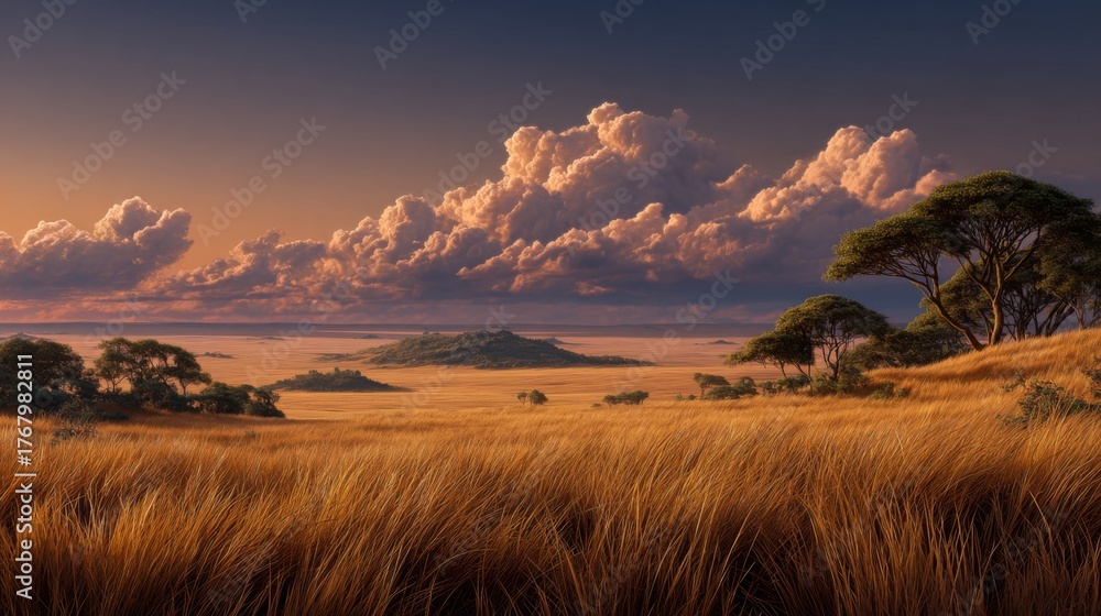 Obraz premium Majestic African Savannah at Sunset: Golden Grass, Dramatic Clouds, and Acacia Trees