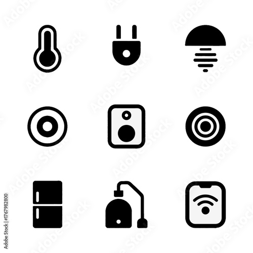 Set of black icons representing household appliances and smart home devices including thermostat, plug, fan, speaker, camera, refrigerator, vacuum cleaner, and Wi-Fi symbol