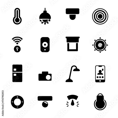Set of smart home and IoT device icons including thermostat, camera, speaker, light, and smartphone controls