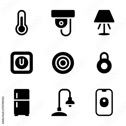 Set of household and smart home icons including thermostat, security camera, lamp, power button, target, lock, refrigerator, desk lamp, and smartphone.