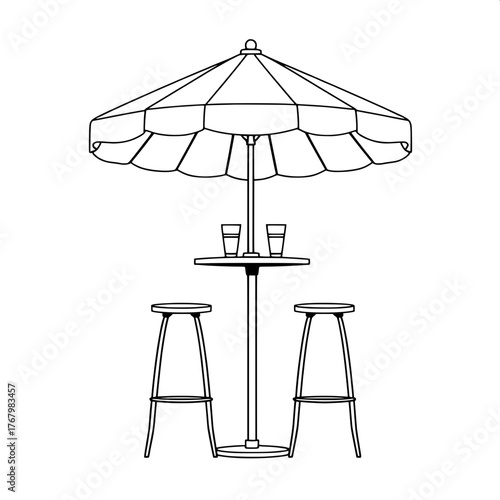 Architectural Line Art

A minimalist black-and-white line drawing of an outdoor café patio with a round table under a striped umbrella, two tall stools symmetrically placed, and drinks on the tabletop
